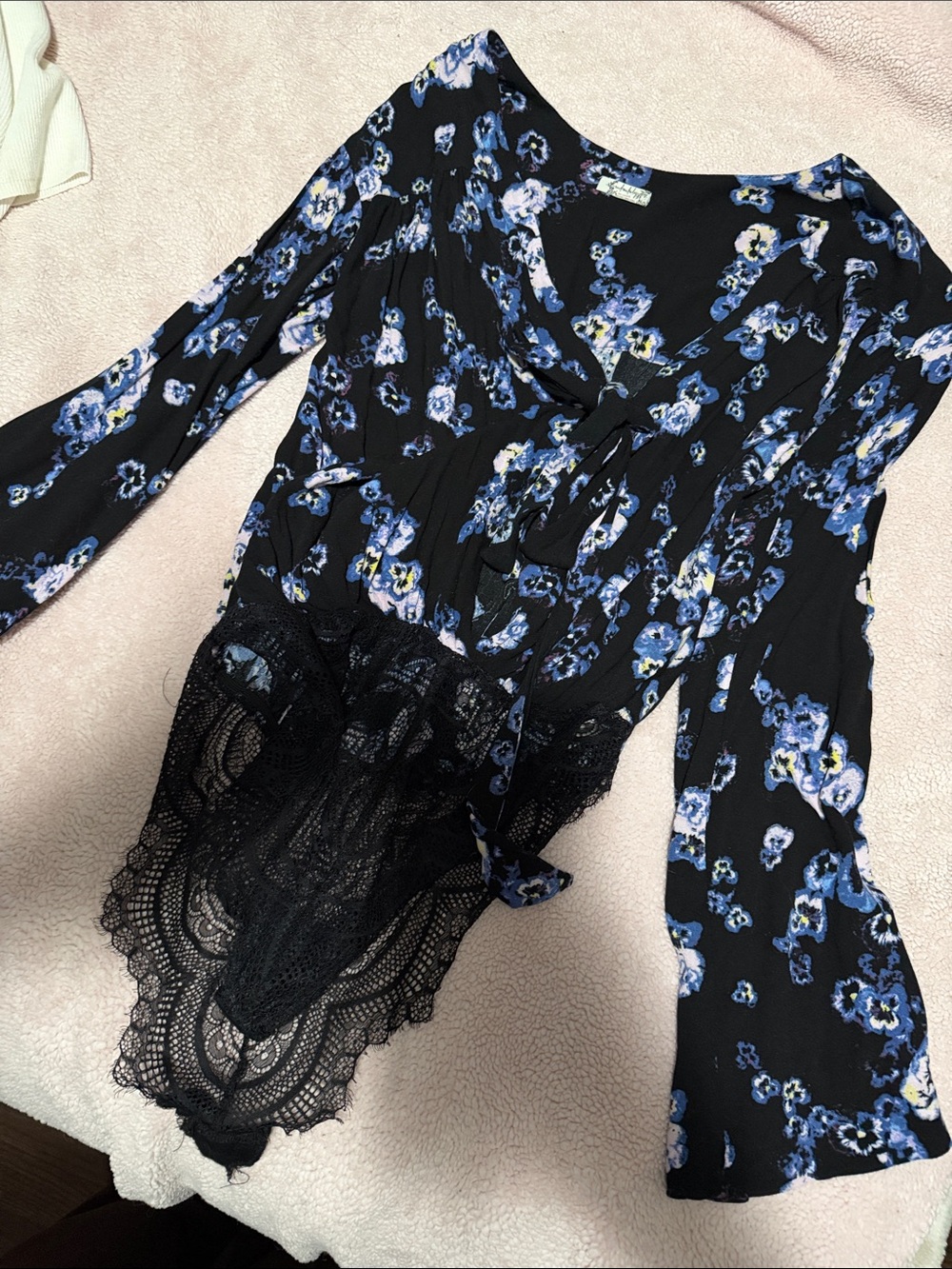 Anthropologie Black Floral Lace-Trim Bodysuit